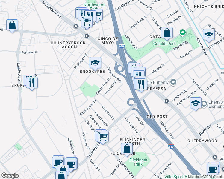 map of restaurants, bars, coffee shops, grocery stores, and more near 2322 Oak Flat Road in San Jose
