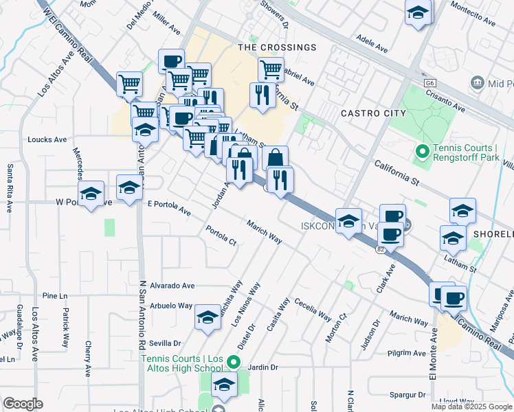 map of restaurants, bars, coffee shops, grocery stores, and more near 281 Marich Way in Los Altos