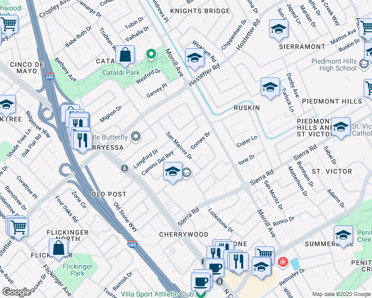 map of restaurants, bars, coffee shops, grocery stores, and more near 2617 Gomes Drive in San Jose