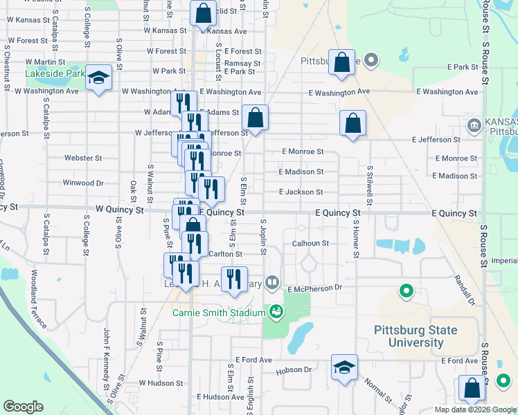 map of restaurants, bars, coffee shops, grocery stores, and more near 213 East Quincy Street in Pittsburg