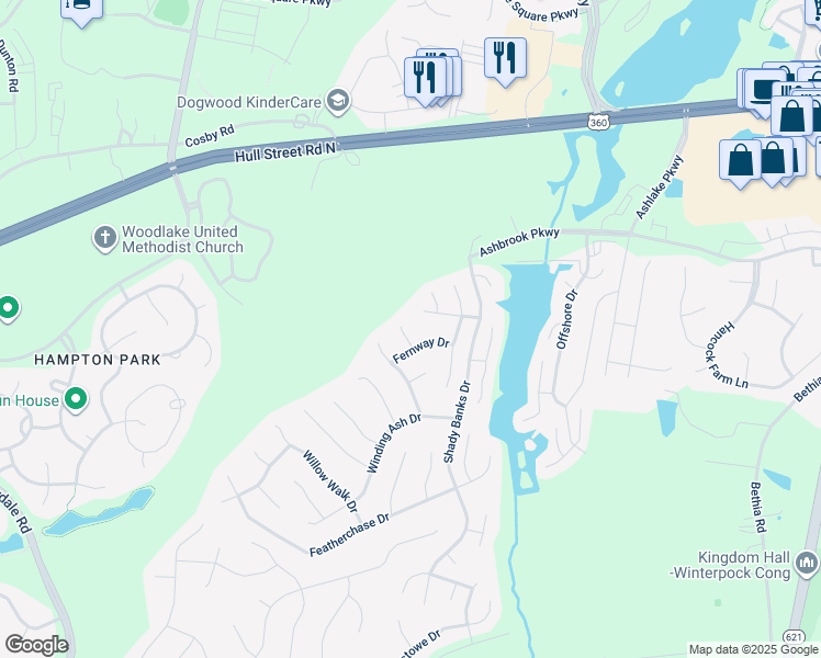 map of restaurants, bars, coffee shops, grocery stores, and more near 7619 Fernway Place in Chesterfield