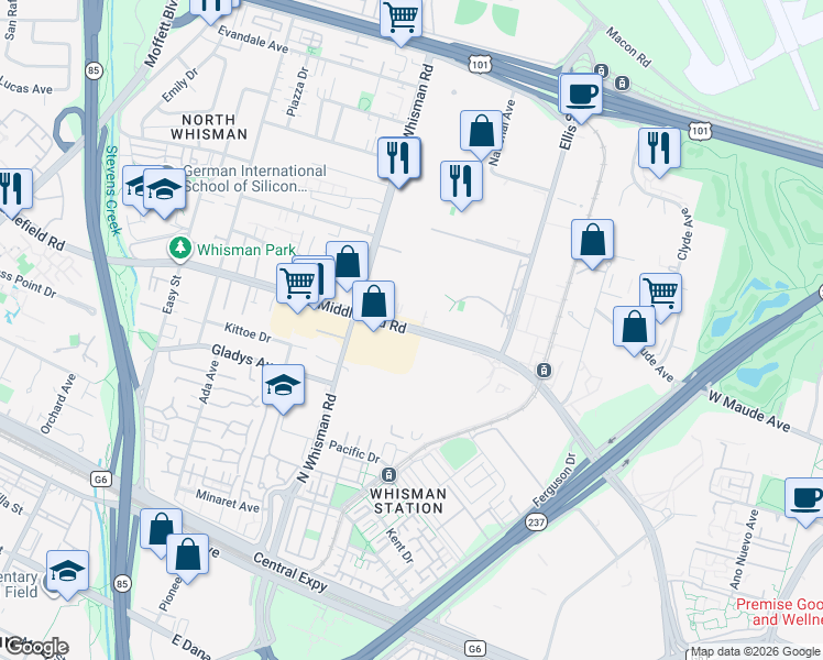 map of restaurants, bars, coffee shops, grocery stores, and more near East Middlefield Road in Mountain View