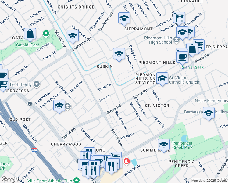 map of restaurants, bars, coffee shops, grocery stores, and more near 2859 Ione Drive in San Jose