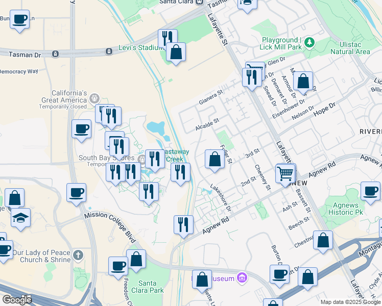 map of restaurants, bars, coffee shops, grocery stores, and more near 4546 Lakeshore Drive in Santa Clara