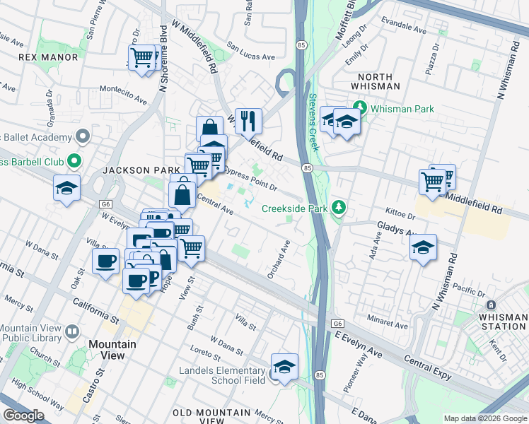 map of restaurants, bars, coffee shops, grocery stores, and more near 336 Central Avenue in Mountain View