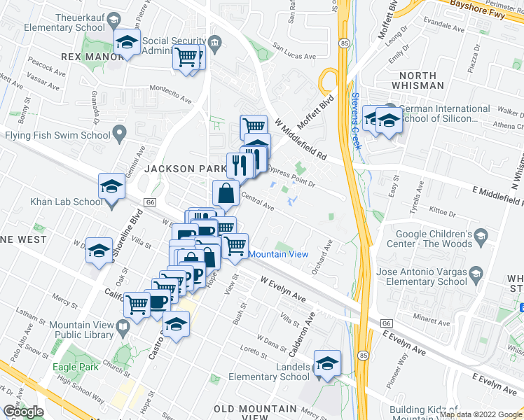 map of restaurants, bars, coffee shops, grocery stores, and more near 505 Central Avenue in Mountain View