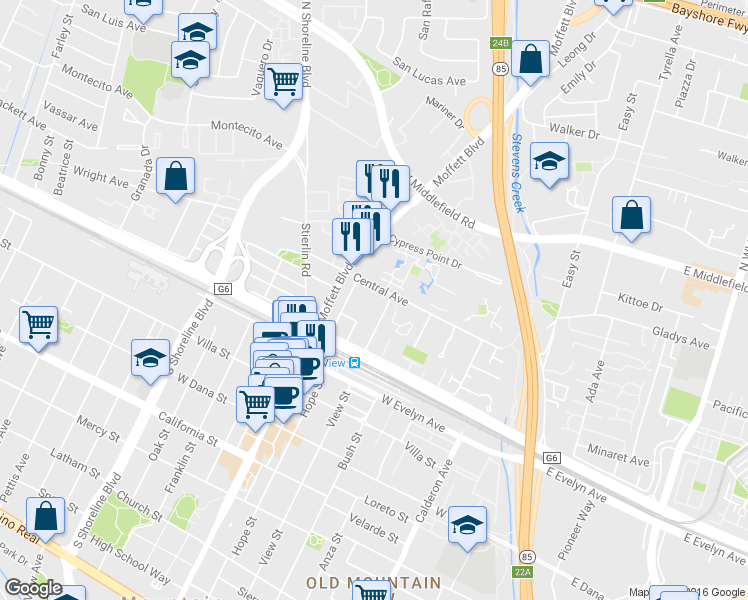 map of restaurants, bars, coffee shops, grocery stores, and more near 505 Central Avenue in Mountain View