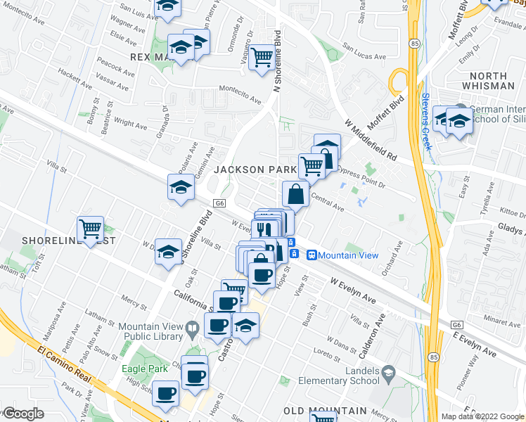 map of restaurants, bars, coffee shops, grocery stores, and more near 809 Washington Street in Mountain View