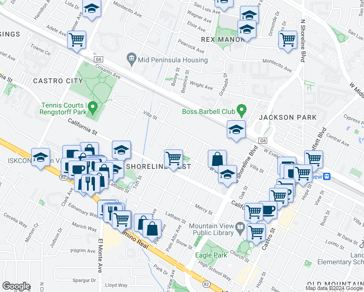 map of restaurants, bars, coffee shops, grocery stores, and more near 108 Oak Haven Place in Mountain View