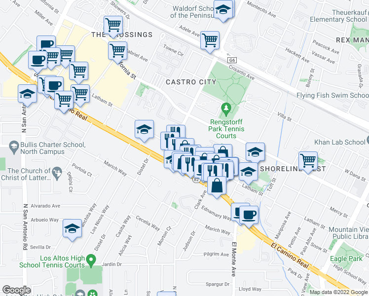 map of restaurants, bars, coffee shops, grocery stores, and more near 2050 Latham Street in Mountain View