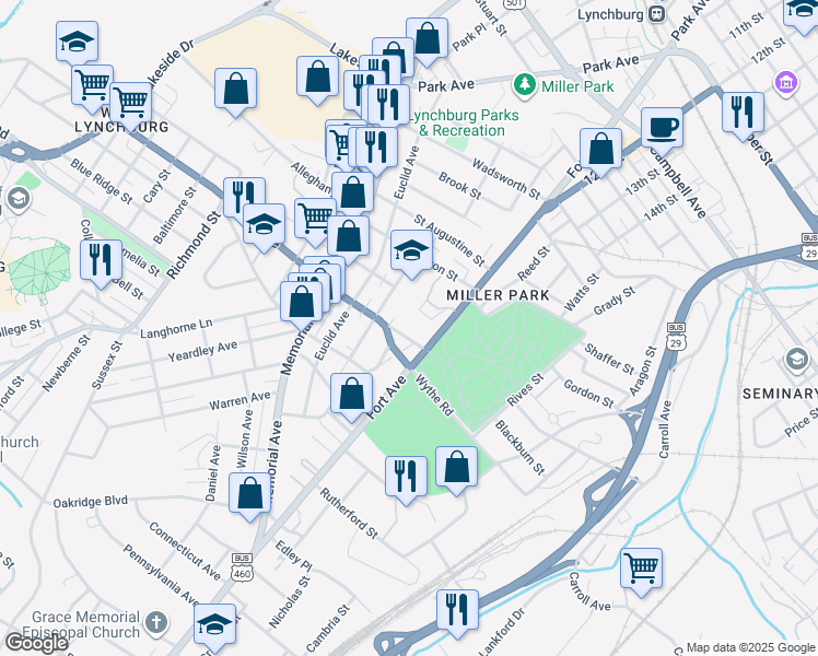 map of restaurants, bars, coffee shops, grocery stores, and more near 1102 Oakley Avenue in Lynchburg