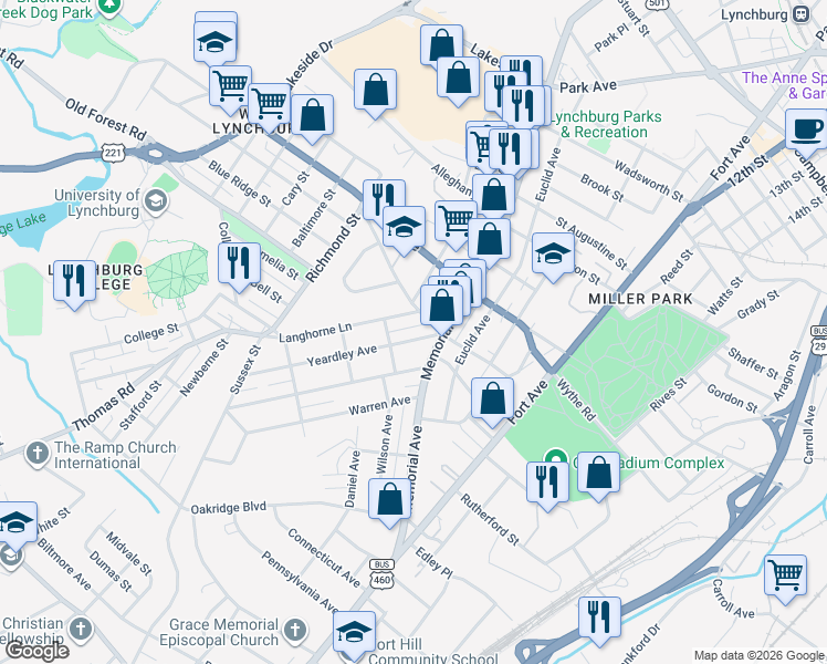 map of restaurants, bars, coffee shops, grocery stores, and more near 103 Yeardley Avenue in Lynchburg