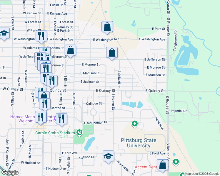 map of restaurants, bars, coffee shops, grocery stores, and more near 711 East Quincy Street in Pittsburg