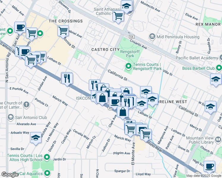 map of restaurants, bars, coffee shops, grocery stores, and more near 575 South Rengstorff Avenue in Mountain View