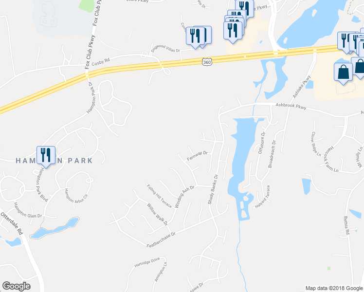 map of restaurants, bars, coffee shops, grocery stores, and more near 7606 Fernway Place in Chesterfield