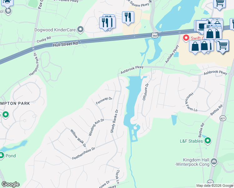 map of restaurants, bars, coffee shops, grocery stores, and more near 7613 Blue Cedar Drive in Chesterfield