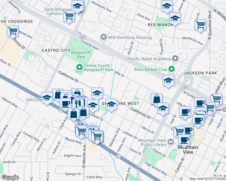 map of restaurants, bars, coffee shops, grocery stores, and more near 330 Higdon Avenue in Mountain View