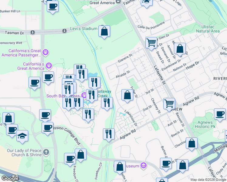 map of restaurants, bars, coffee shops, grocery stores, and more near 4546 Lakeshore Drive in Santa Clara