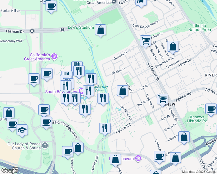 map of restaurants, bars, coffee shops, grocery stores, and more near 4556 Lakeshore Drive in Santa Clara