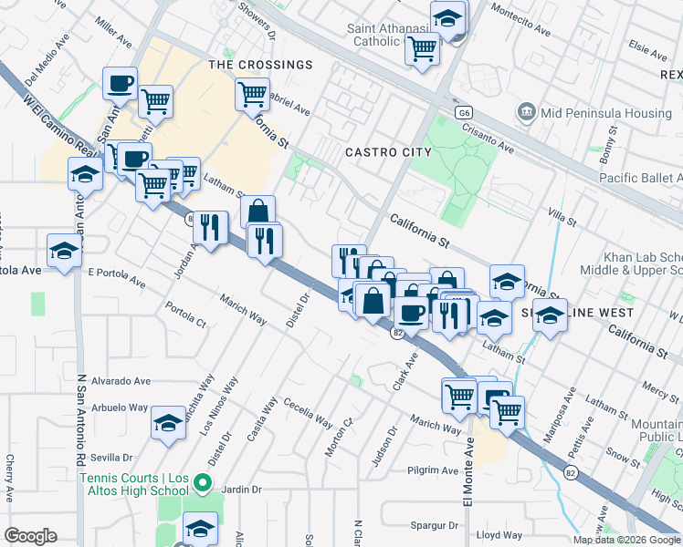 map of restaurants, bars, coffee shops, grocery stores, and more near 2111 Latham Street in Mountain View