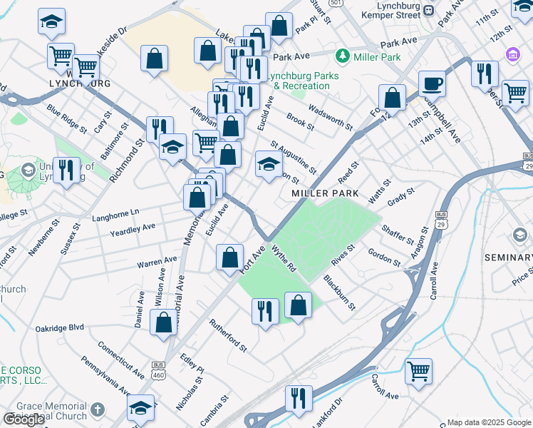 map of restaurants, bars, coffee shops, grocery stores, and more near 1102 Oakley Avenue in Lynchburg