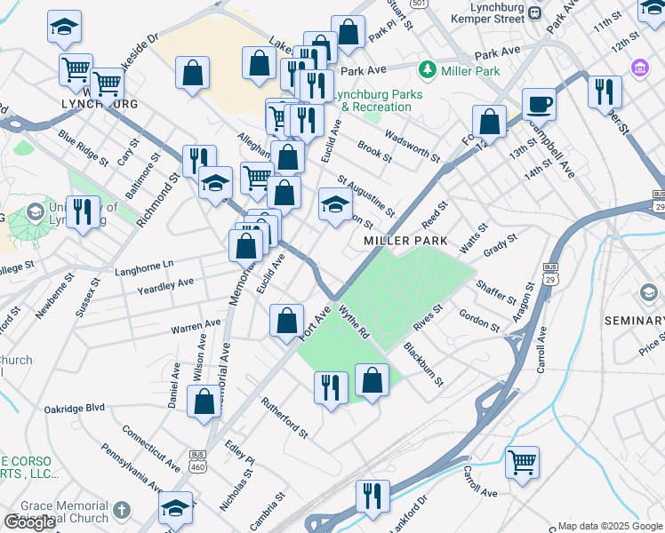 map of restaurants, bars, coffee shops, grocery stores, and more near 1102 Oakley Avenue in Lynchburg