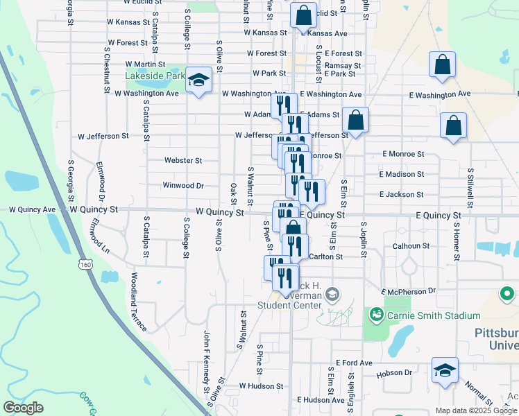 map of restaurants, bars, coffee shops, grocery stores, and more near 120 West Quincy Street in Pittsburg