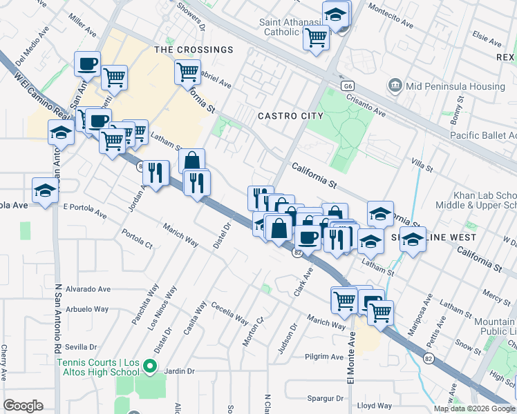 map of restaurants, bars, coffee shops, grocery stores, and more near 2111 Latham Street in Mountain View