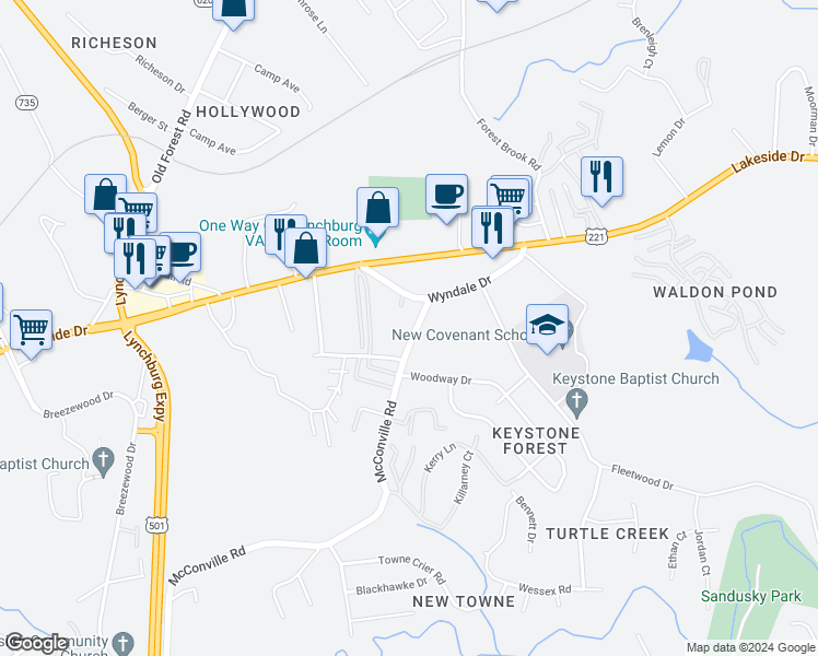 map of restaurants, bars, coffee shops, grocery stores, and more near 111 McConville Road in Lynchburg