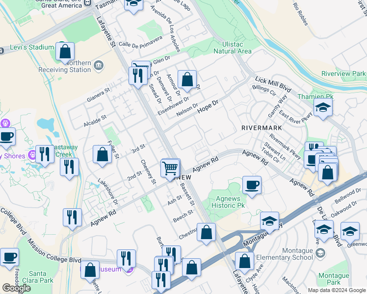 map of restaurants, bars, coffee shops, grocery stores, and more near 2005 Silva Place in Santa Clara