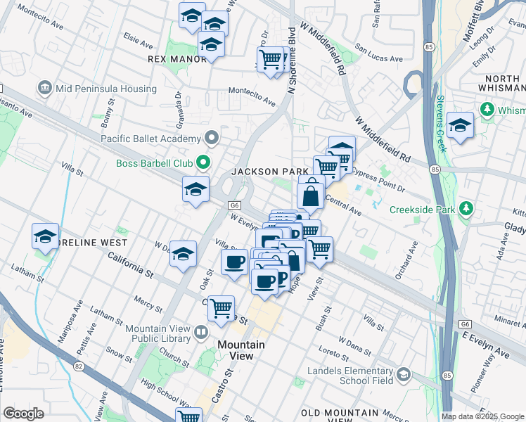 map of restaurants, bars, coffee shops, grocery stores, and more near 2 Elmwood Street in Mountain View
