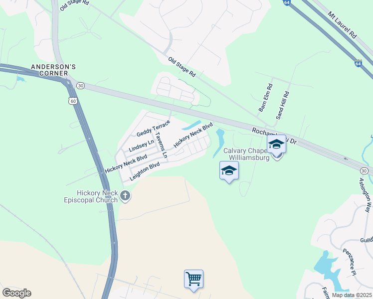 map of restaurants, bars, coffee shops, grocery stores, and more near 8409 Addison Terrace in Toano