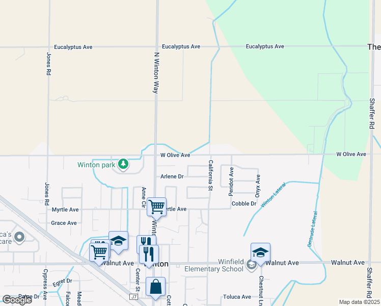 map of restaurants, bars, coffee shops, grocery stores, and more near 6843 Olive Avenue in Winton