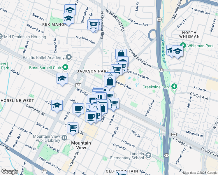 map of restaurants, bars, coffee shops, grocery stores, and more near 108 Moffett Boulevard in Mountain View