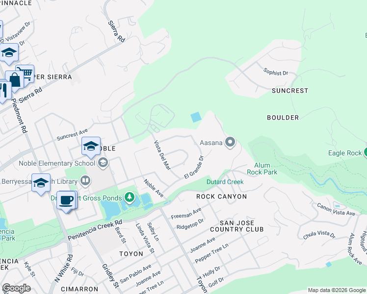 map of restaurants, bars, coffee shops, grocery stores, and more near 3605 Vista Del Valle in San Jose