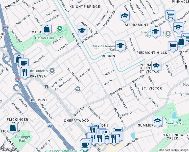 map of restaurants, bars, coffee shops, grocery stores, and more near 1369 Morrill Avenue in San Jose