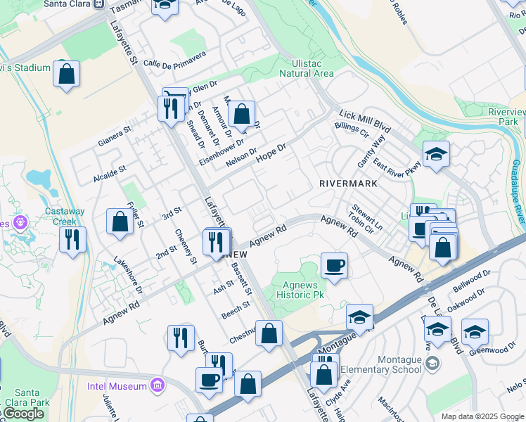 map of restaurants, bars, coffee shops, grocery stores, and more near 1680 Shore Place in Santa Clara