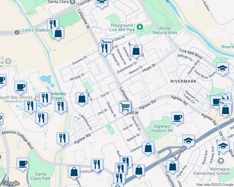 map of restaurants, bars, coffee shops, grocery stores, and more near 4420 Bassett Street in Santa Clara