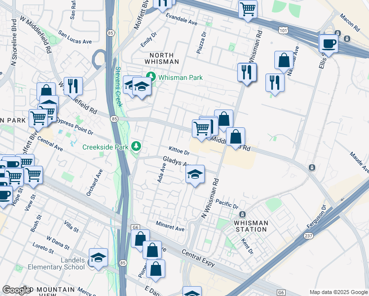 map of restaurants, bars, coffee shops, grocery stores, and more near 127 Kittoe Drive in Mountain View