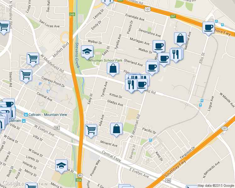 map of restaurants, bars, coffee shops, grocery stores, and more near 127 Kittoe Drive in Mountain View