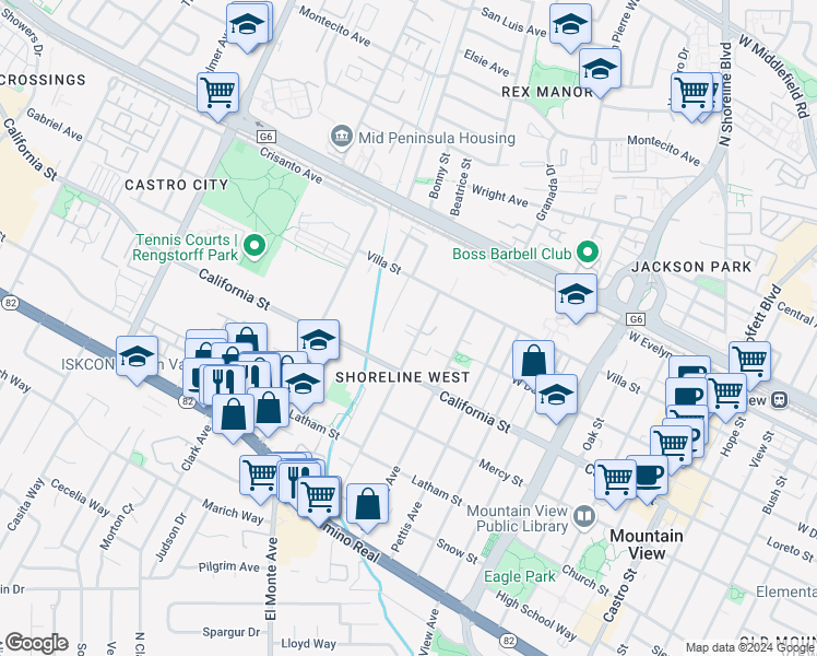 map of restaurants, bars, coffee shops, grocery stores, and more near 323 Higdon Avenue in Mountain View