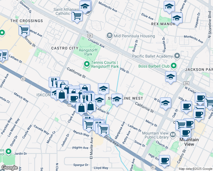 map of restaurants, bars, coffee shops, grocery stores, and more near in Mountain View