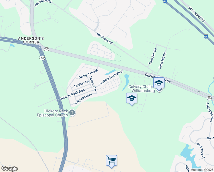 map of restaurants, bars, coffee shops, grocery stores, and more near 8409 Addison Terrace in Toano