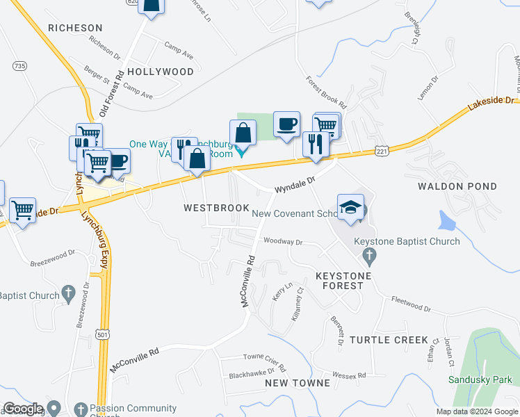 map of restaurants, bars, coffee shops, grocery stores, and more near 115 McConville Road in Lynchburg