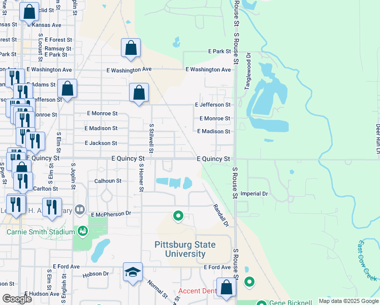 map of restaurants, bars, coffee shops, grocery stores, and more near 909 East Quincy Street in Pittsburg