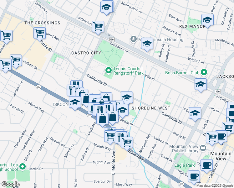 map of restaurants, bars, coffee shops, grocery stores, and more near 1921 California Street in Mountain View