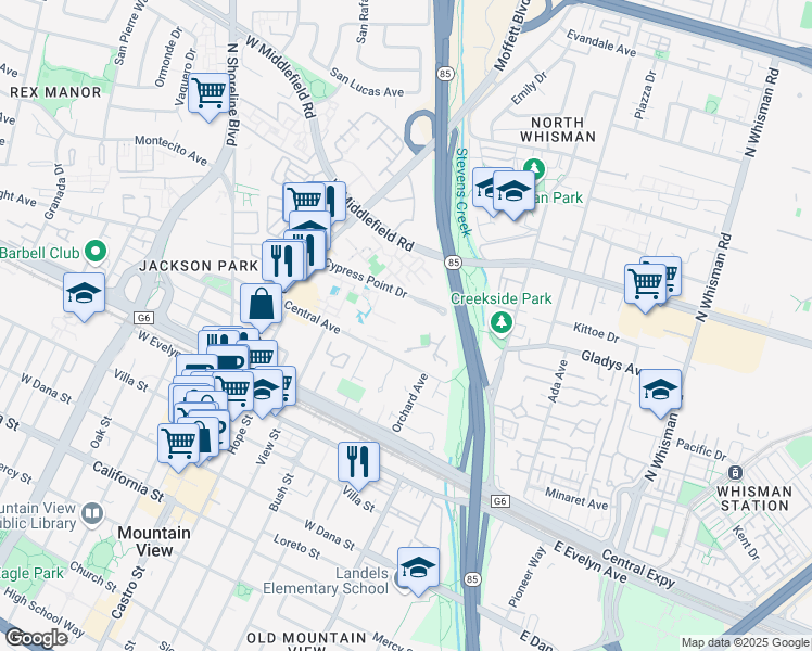 map of restaurants, bars, coffee shops, grocery stores, and more near 333 Cypress Point Drive in Mountain View