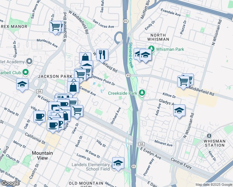 map of restaurants, bars, coffee shops, grocery stores, and more near 329 Cypress Point Drive in Mountain View