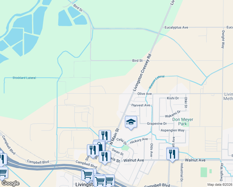 map of restaurants, bars, coffee shops, grocery stores, and more near 1230 Olive Avenue in Livingston