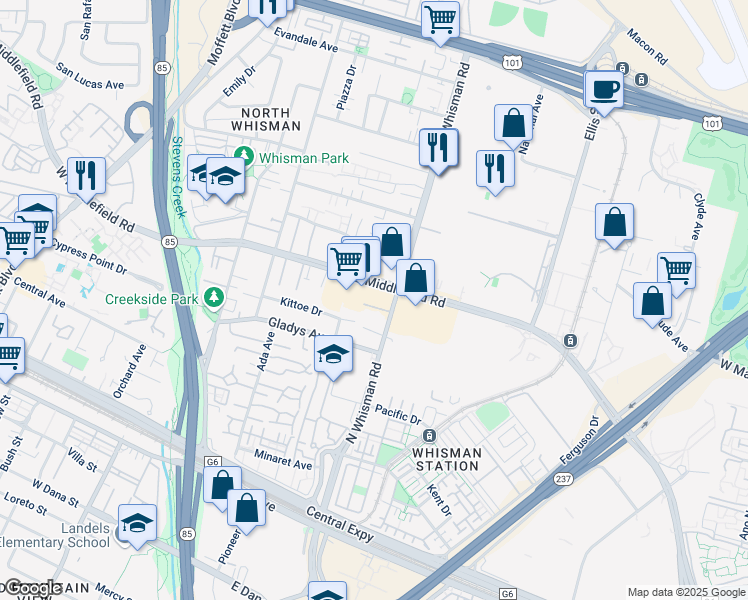 map of restaurants, bars, coffee shops, grocery stores, and more near North Whisman Road in Mountain View